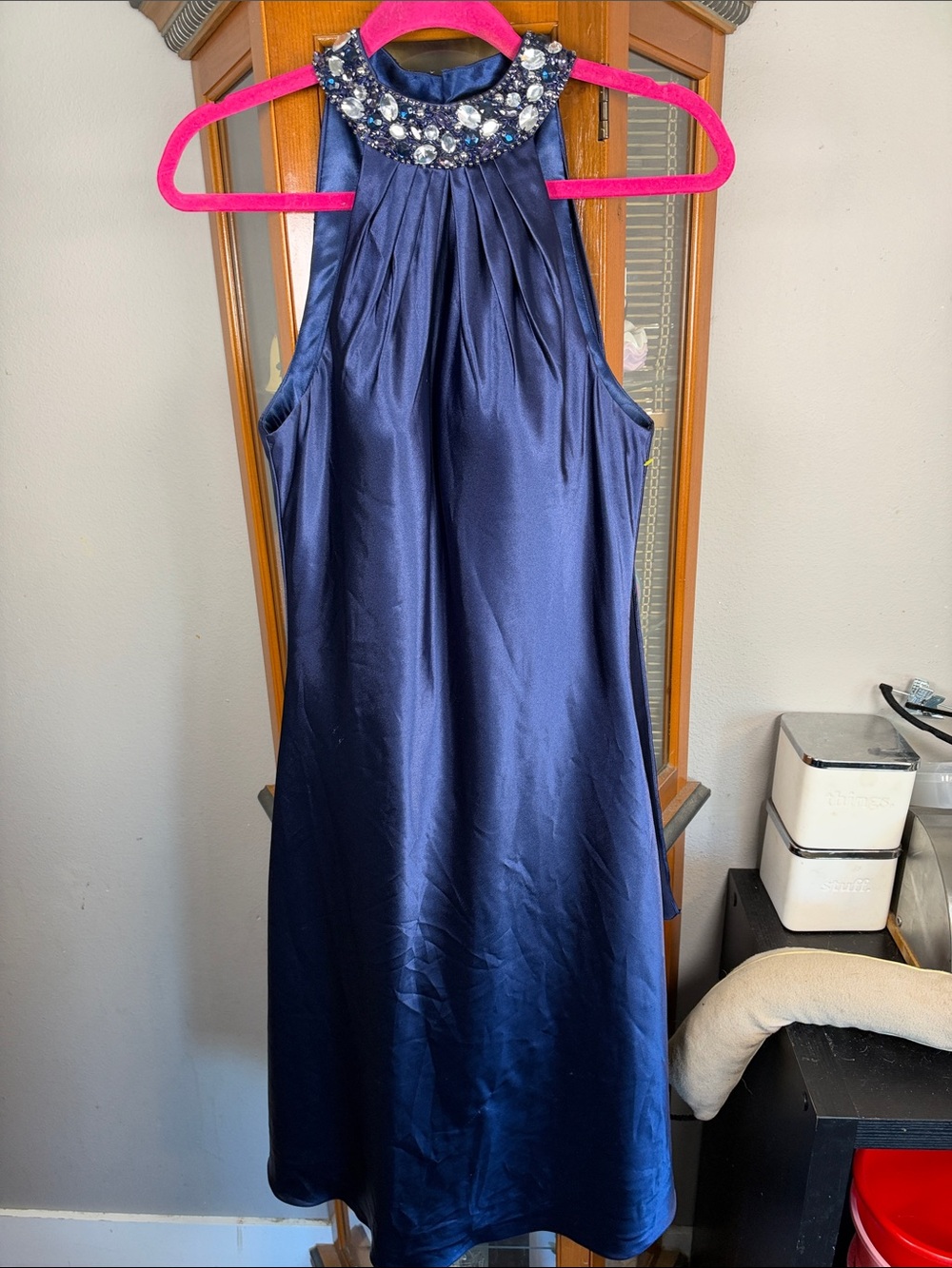 Embellished One-Shoulder Navy Satin Cocktail Dress